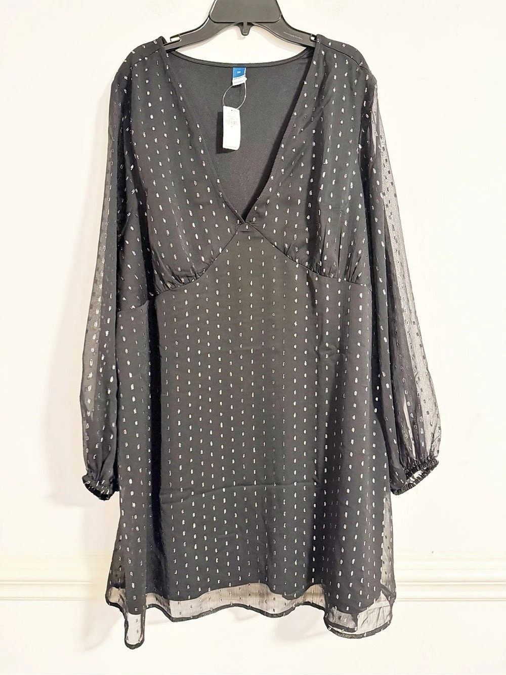 Old Navy Black Swiss Dot V-Neck Mini Dress Sheer Sleeve Size 2X NWT